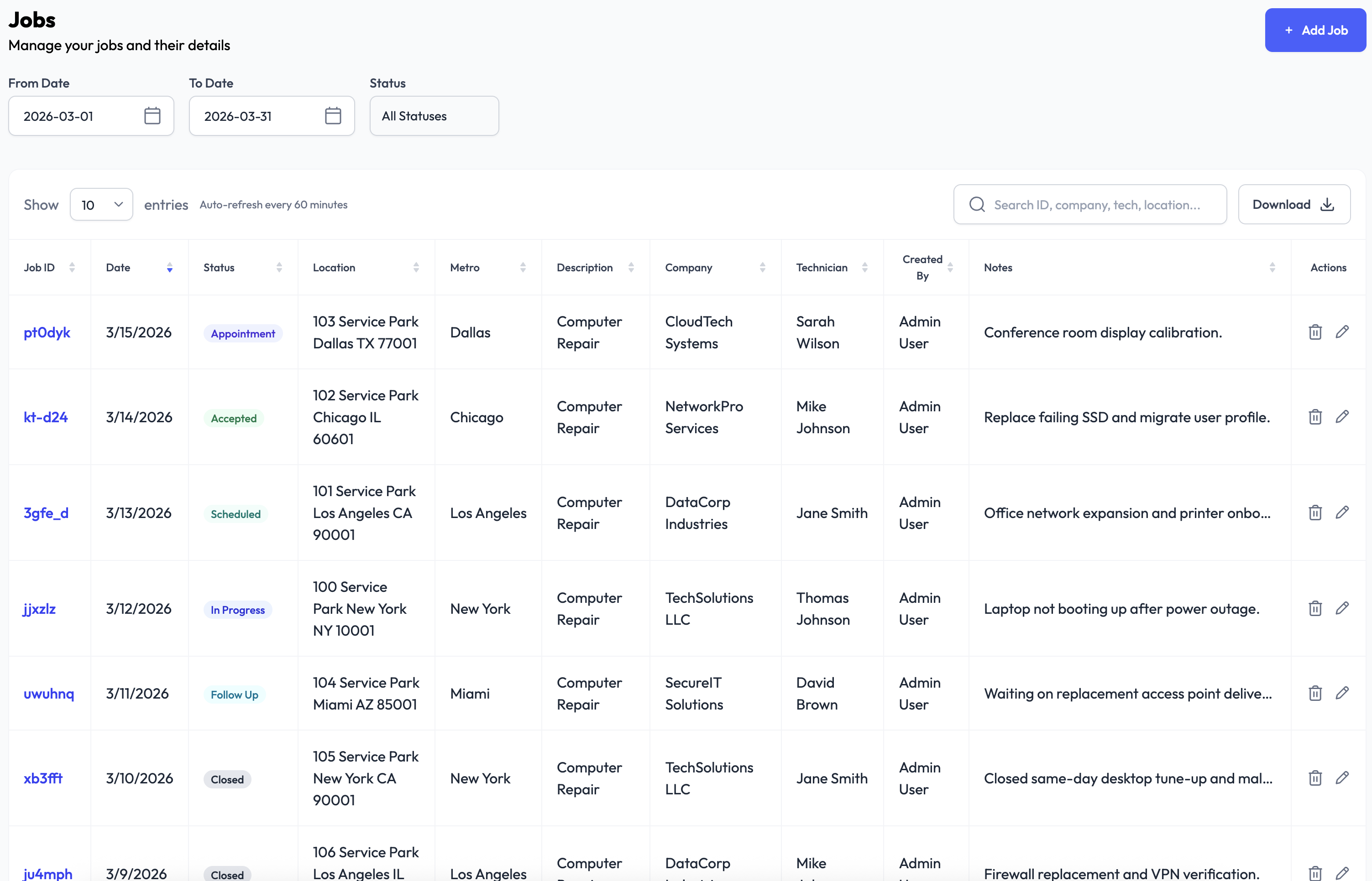 OwnDispatch dispatch board showing job scheduling and technician assignments.