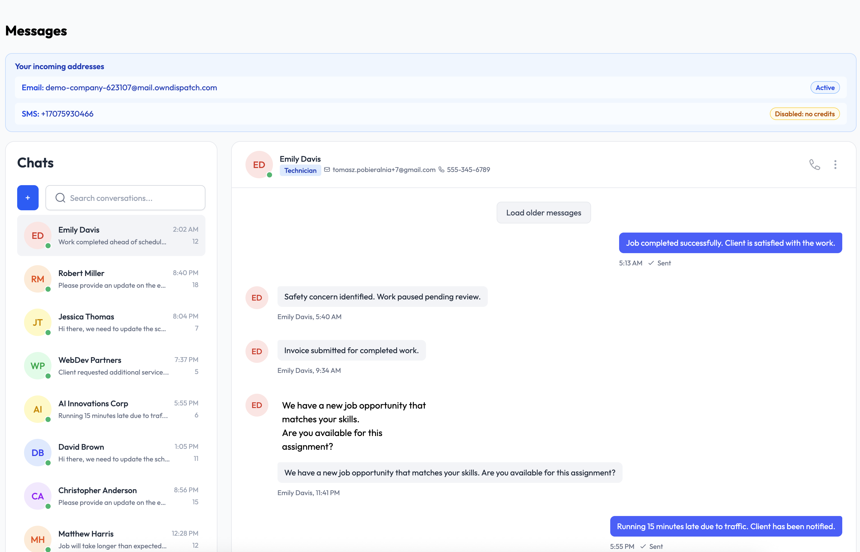 OwnDispatch conversation view with office-to-field communication tools.